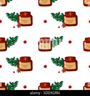 A seamless cozy pattern with small jars labeled Christmas mood next to green fir branches, red berries and star anise on a clean white background. Per Stock Vector