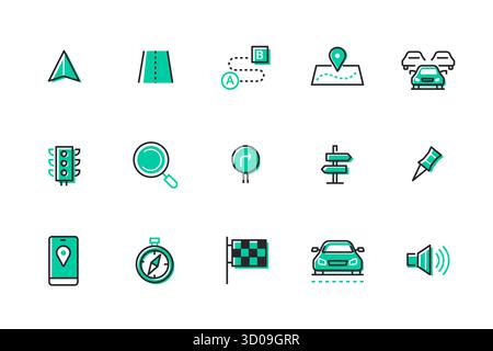 Road map linear icons set. Navigation, Directions, Routes, Planning ...