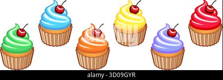 various classic cartoon yummy cupcake with colored icing cream and cherry dessert cake set of 6 vector on transparent background Stock Vector