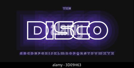 Blue Neon Font Retro Disco Logo Typeface. UV Glow Display Alphabet, Outline Letters for Disco Club with Electric Ultraviolet Groove, 80s Dance Stock Vector