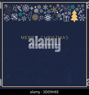 Modern minimalist Christmas and New Year greeting card with gold, white and blue holiday icons on a dark navy background, vector illustration Stock Vector