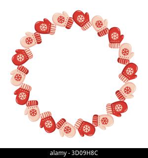 Round frame with red and beige mittens in cozy winter style. Winter Vector isolated illustration on white background.  Stock Vector