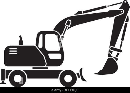 wheeled excavator digger construction vehicle silhouette simplified side view isolated vector on transparent background Stock Vector