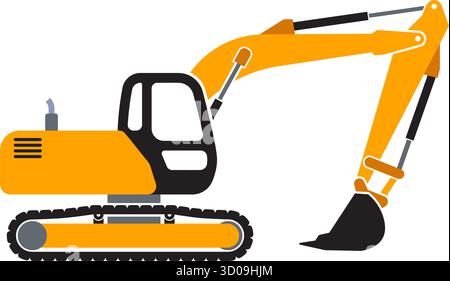 excavator digger construction vehicle yellow simplified side view icon sumbol silhouette isolated vector on transparent background Stock Vector