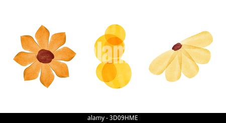 Three distinct watercolor floral illustrations feature vibrant color tones on a white backdrop. One is yellow, one is orange, and one is an abstract stack of orange circles. Stock Vector