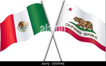 mexico and california LA flags in relationship alliance or versus conflict crossed flagpoles vector isolated on transparent background Stock Vector