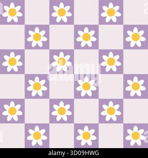 Groovy y2k checkered seamless pattern with white daisy flower head in flat cartoon style. Retro floral texture for textile, wallpaper, packaging, fash Stock Vector