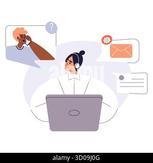 Customer service worker woman with headsets service or consult customers on computers.Hotline operator work, global online technical support, Call Stock Vector