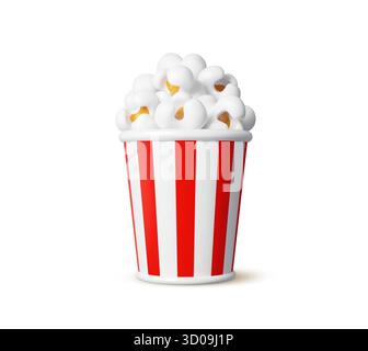 3d movie striped red and white popcorn bucket, cinema pop corn basket with fluffy kernels. realistic Isolated container mock up with snack seeds. Paper box with popcorn for cinema or movie theater Stock Vector