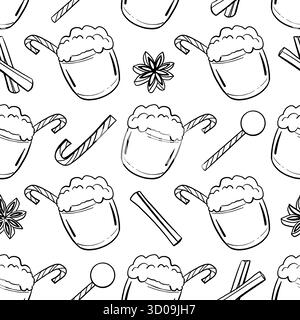 Eggnog Christmas and winter drinks seamless pattern. Doodle hand drawn illustration for restaurant and cafe menu on white background Stock Vector