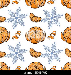 Seamless vector pattern featuring peeled tangerines, segments, and delicate blue snowflakes on a white background, perfect for festive winter designs. Stock Vector
