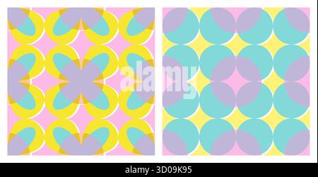 Naive vibrant seamless patterns set with abstract contemporary shapes. Abstract bauhaus design with Riso print effect in vibrant colours. Scandinavian nursery print. Stock Vector