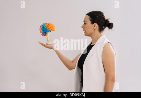 woman holding a model of a brain in her hands Stock Photo