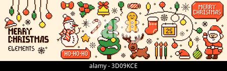 Pixel art Christmas elements. Y2k color New Year icons. 8 bit Santa Claus, snowman, reindeer, tree, speech bubbles. Stock Vector