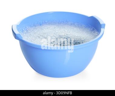 One blue plastic basin with soapy water isolated on white Stock Photo