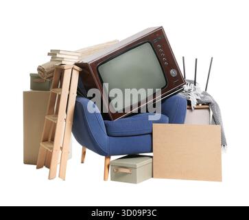 Garage sale. Different used stuff isolated on white Stock Photo