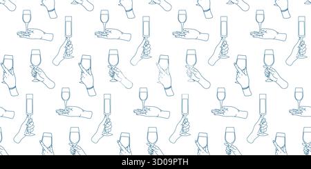 This design features multiple hands holding different types of glasses, including champagne and cocktail glasses, in a playful pattern suitable for fe Stock Vector
