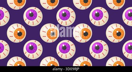 Seamless Halloween pattern with cartoon eyeballs on dark purple background. Hand drawn flat style. Spooky and fun design, ideal for wrapping paper, textiles, party decorations, and digital projects Stock Vector