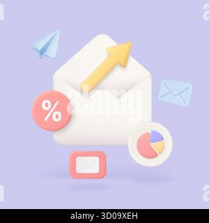 3D envelope with arrow, charts, and email icons representing digital marketing, campaign analytics, and business growth for online communication and strategy vector illustration Stock Vector