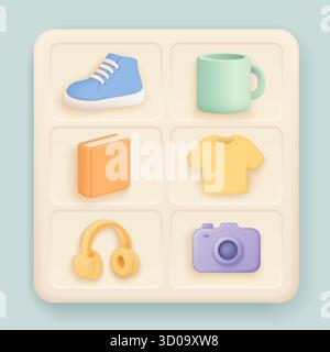 Colorful 3D icons of shoe mug book shirt headphones camera arranged in a grid for product catalog ecommerce shopping retail digital marketplace concept vector illustration Stock Vector