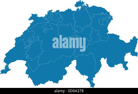 Editable vector silhouette map of Switzerland and its cantons (provinces), displaying the country's distinct irregular borders. Stock Vector