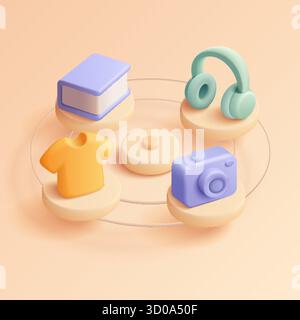 Colorful 3d carousel showing book, headphones, shirt, camera for category navigation, online shop, app interface, web design, user experience, pastel background vector illustration Stock Vector