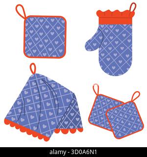 Set of blue potholder, baking glove, kitchen towel with checkered texture, hearts and red fringe in flat cartoon style. Cute kitchen accessory for coo Stock Vector