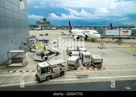 Germany, Hesse, Frankfurt am Main, Lufthansa plane on the tarmac Stock Photo