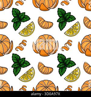 Vibrant seamless vector pattern featuring peeled tangerines, lemon slices, mint leaves, and orange zest twists on a clean white background. Stock Vector