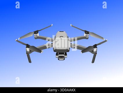 Grey drone with its propellers spinning, hovering in the air, against a blue sky background Stock Vector