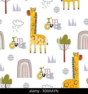 Seamless pattern of cute giraffe cartoon with rainbow, trees, and clouds. Vector illustration perfect for kids fabric print, nursery wallpaper, baby a Stock Vector