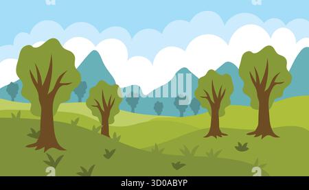 Flat cartoon summer landscape with blue cloudy sky, mountains and trees. Bright peaceful nature scene for print, poster, card, outdoor or travel theme Stock Vector
