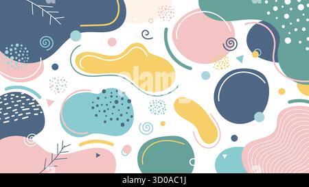 abstract colorful background with pastel geometric and organic shapes scattered on white surface blending pink yellow blue and teal tones for modern a Stock Vector