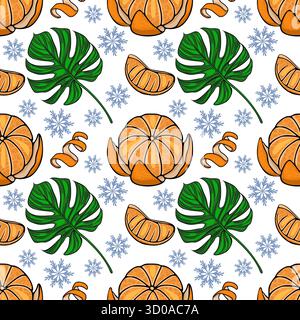 Seamless vector pattern featuring peeled tangerines, sliced tangerine segments, monstera leaves, and delicate blue snowflakes. Stock Vector