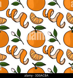 Seamless vector pattern featuring vibrant orange tangerines, peeled zest spirals, and delicate blossoms with green leaves on a white background. Stock Vector