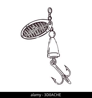 Shiny, a fishing lure hand-drawn in ink and translated into a vector. The illustration is suitable for printing on the packaging of fishing products Stock Vector