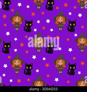 Seamless pattern with cartoon witches, black cats and stars. Stock Vector