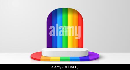 3d podium stage with rainbow arch panel. Vector platform stand with arch on the wall in red, orange and yellow, green, blue, navy and violet colors. Modern mockup of cosmetic product presentation Stock Vector