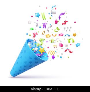 3d birthday party event popper with confetti, ribbons and stars. Firework carnival firecracker. Isolated vector surprise emoji, festive streamer for celebration events, parties or honoring winners Stock Vector