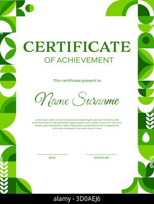 Ecology business certificate with geometric Bauhaus pattern. Nature saving vector official letter, planet Earth protection award document or certificate. Ecology save diploma with Bauhaus shapes Stock Vector