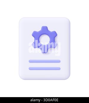 Document file with purple gear. Settings, configuration, technical documentation, system preferences, software management and process optimization con Stock Vector