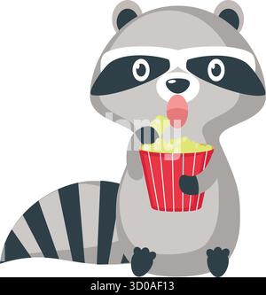 Raccoon eating popcorn snack vector cartoon icon Stock Vector