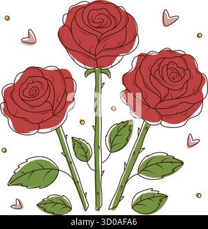 Three red roses with black contour, vector bouquet in minimal boho style, flowers with hearts and dots Stock Vector