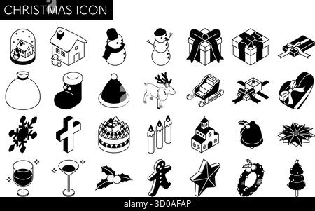 Christmas line drawing icon set Cute isometric illustrations of snowmen, trees, wreaths, and other cute winter isometric illustrations, black and whit Stock Vector