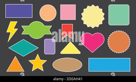 Colorful geometric shapes and abstract symbols are neatly arranged against a dark gray background, each with a distinct white outline Design elements Stock Vector