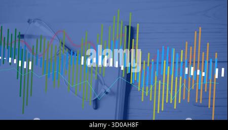 Showing notebook pen and glasses on wooden desk, multicolored bars and red light blue lines overlay Stock Photo