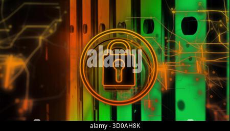 Pulsing digital padlock icon glowing over data center server racks, with neon circuit lines Stock Photo