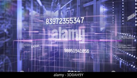 Streaming digital grid overlay through dim data center hallway, with server racks and numeric codes Stock Photo