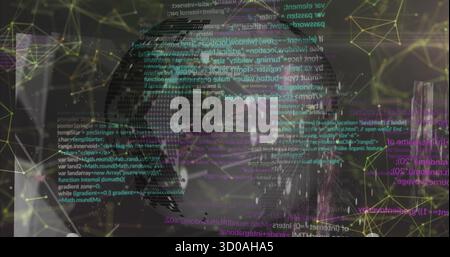 Displaying stylized world map floating in dark space with glowing network nodes and code overlays Stock Photo