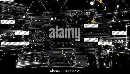 Displaying panels showing numeric codes, linking circular nodes in network space, gold star motifs Stock Photo